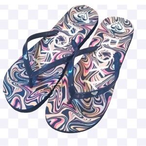 🌸 ROXY Women's Melon III Navy Blue Pink Swirl Logo Flip Flops Slippers Sz 9